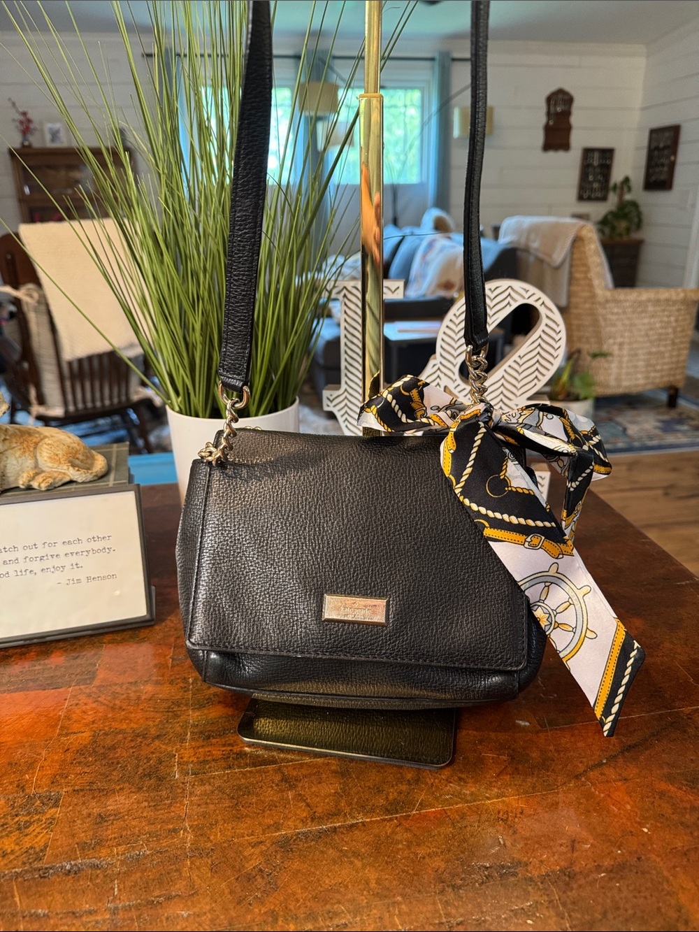 💕kate spade Black Leather Crossbody with Decorative Scarf Accent
